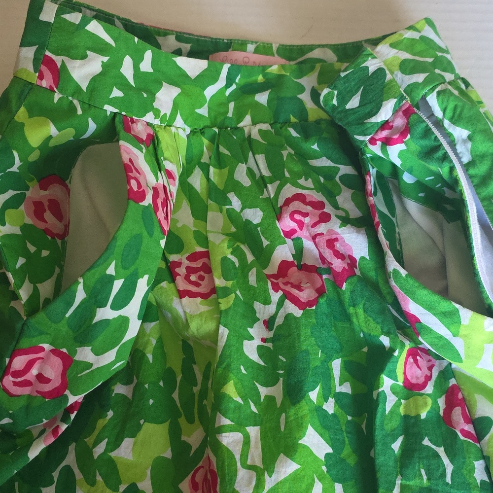 Lilly Pulitzer Cotton Green Floral Circle Skirt with Pink Roses Sz 4 Spring - Picture 13 of 14